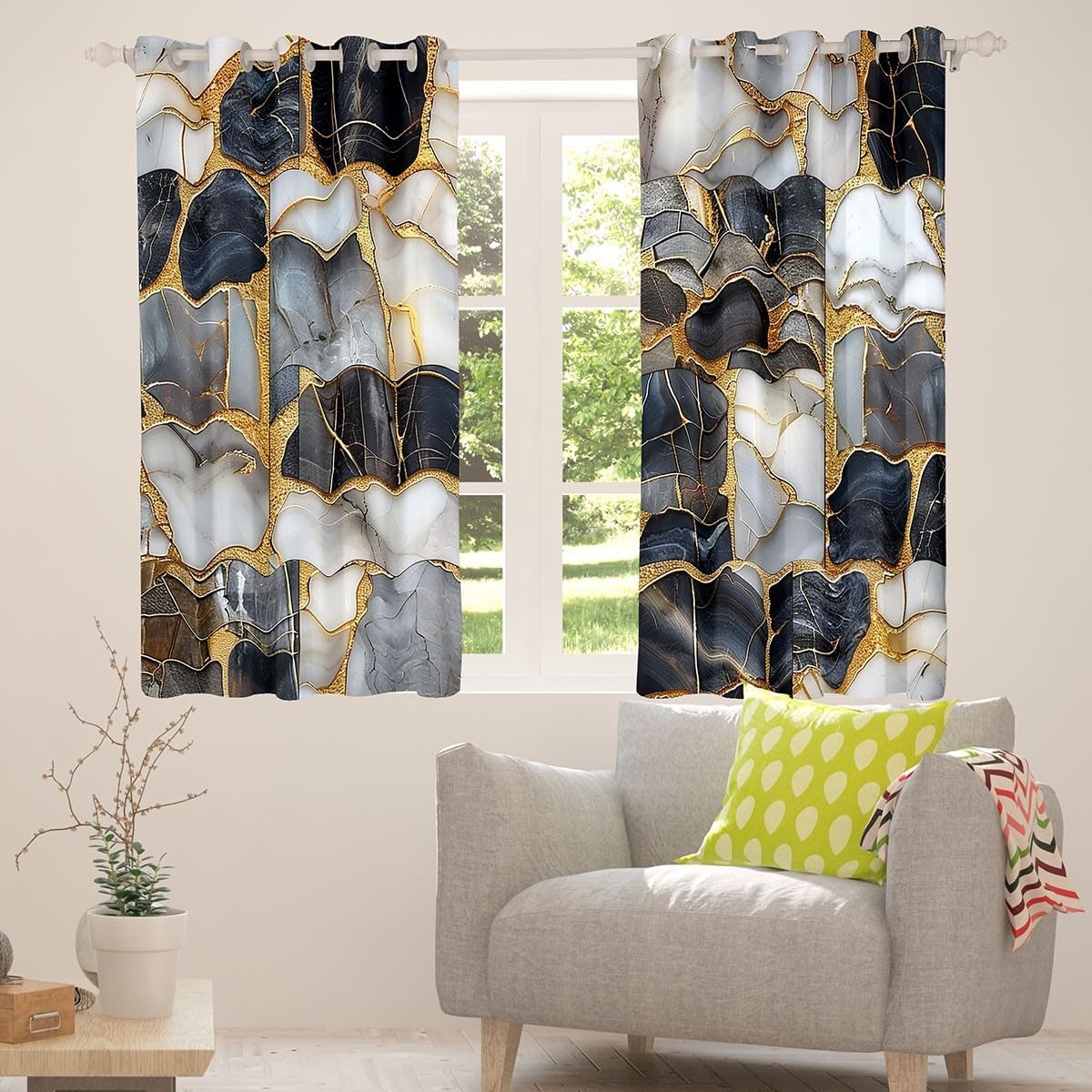 Marble Print Window Drapes Block 30%-50% Light,Marbling Abstract Stone Texture Kitchen Window Treatments 42Wx63L Inches,Marble Geometric Stitching Room Decor Curtains