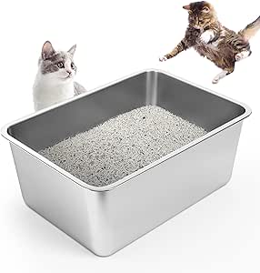 LIHONG Stainless Steel Cat Litter Box for Cat and Rabbit, Odor Control Litter Box Non Slip Rubber Feet. Odor Control, Non Stick, Never Bend 19.7" L x 13.8" W x 7.87" H