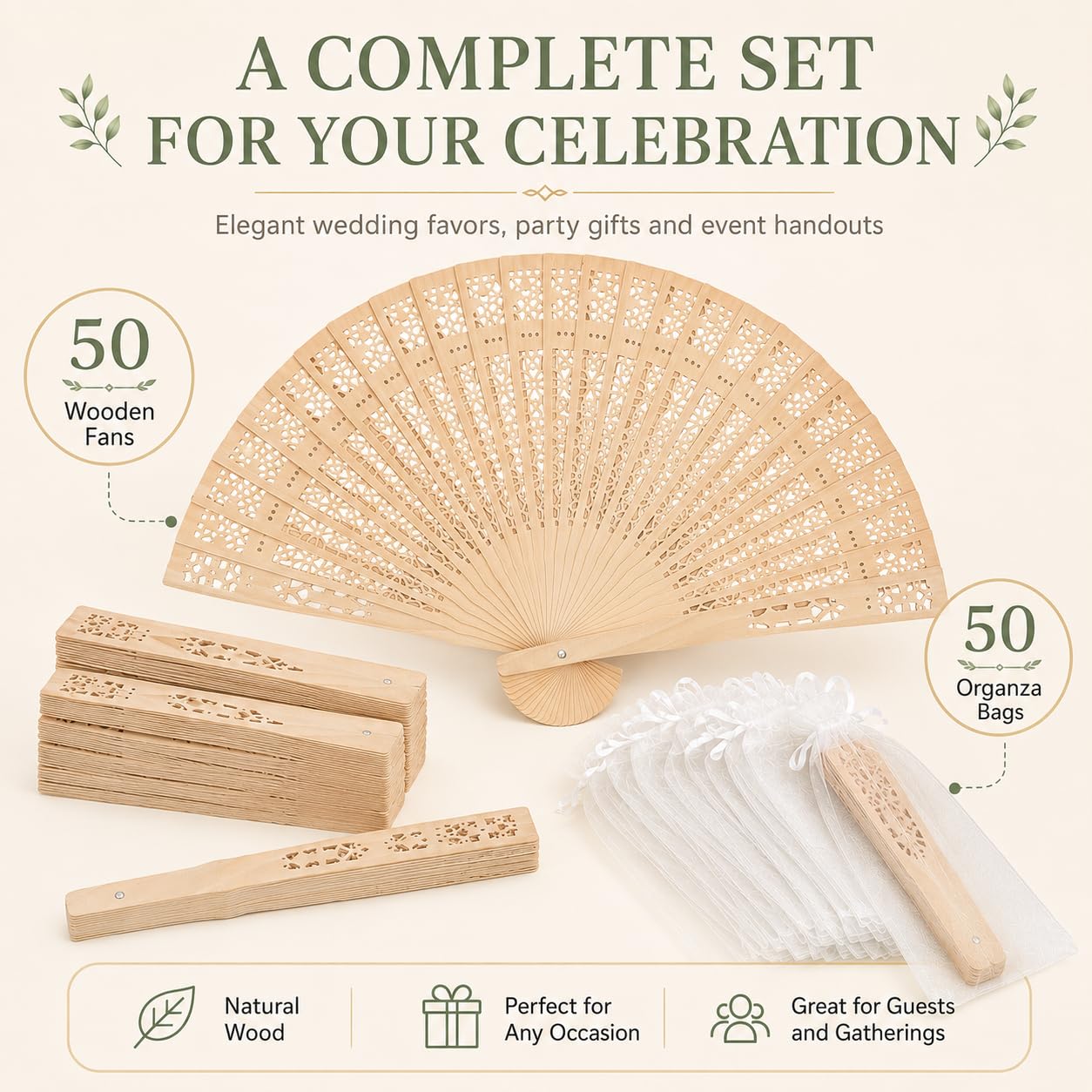 Personalisierte Handfächer 50 Stück, 20 cm Holzfächer aus Lotusholz mit Lasergravur, Damen-Handfächer für Hochzeiten, Partys und Festivals, faltbar, inkl. Organza-Taschen, klassisches Design
