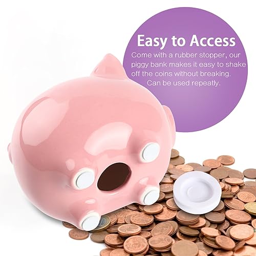 Miniatura 5 de SOBEIT Alcancía, alcancía de cerámica para niñas y niños, adorable banco de monedas de cerdo, ideal para decoración de guardería, decoración del