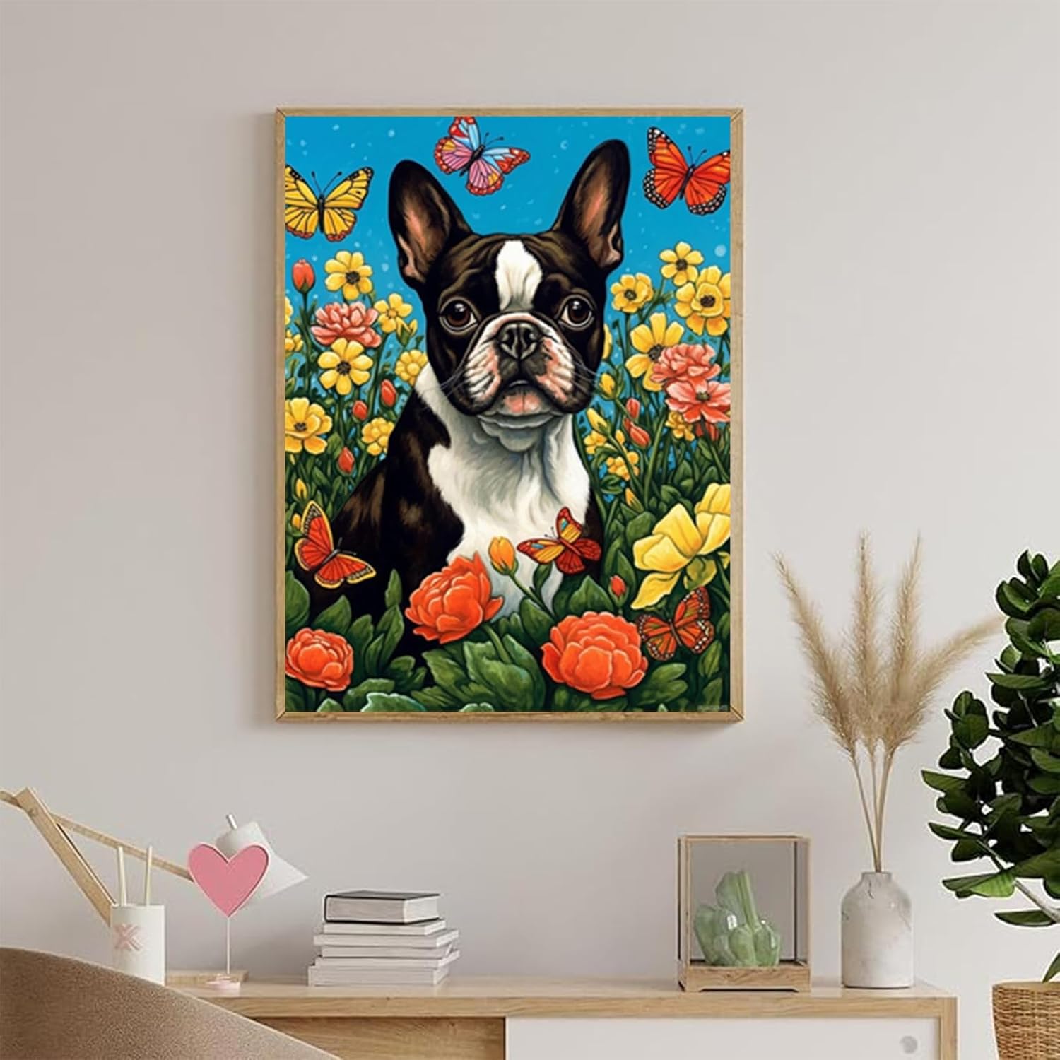Boston Terrier in Garden DIY Diamond Painting by Numbers Mosaic Crystal Rhinestone Embroidery Cross Stitch Full Drill Round Diamond Arts and Craft Mosaic Art Kits 30x40cm