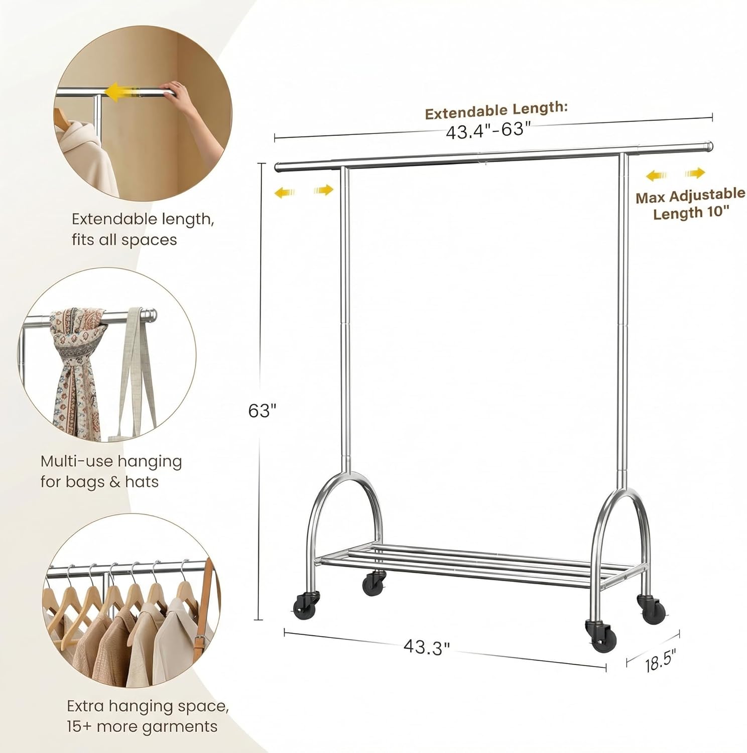 Upgraded 100% Stainless Steel Heavy Duty Clothing Rack, 450 LBS Load Capacity Extendable Adjustable Rolling Clothing Rack with Larger Sturdy Wheels & Shelves, Portable Hanging Closet Rack