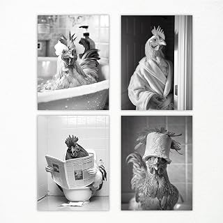 Bathroom Chicken Canvas Wall Art, Funny Animal Bath Poster, Set of 4 Cute Chick Pictures Black and White Restroom Print, Fun Chick In Bath Wall Decor Painting 8x12in Unframed