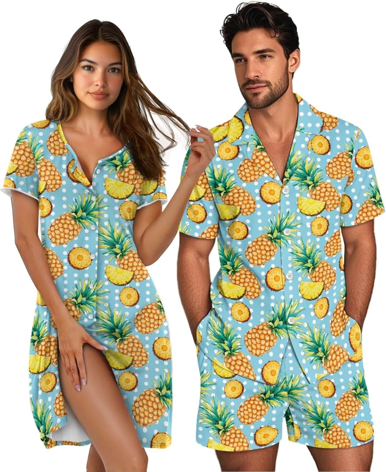 NDISTIN Casual Matching Summer Pajamas for Couples Short Sleeve Nightwear Button Down Loungewear for Women Men