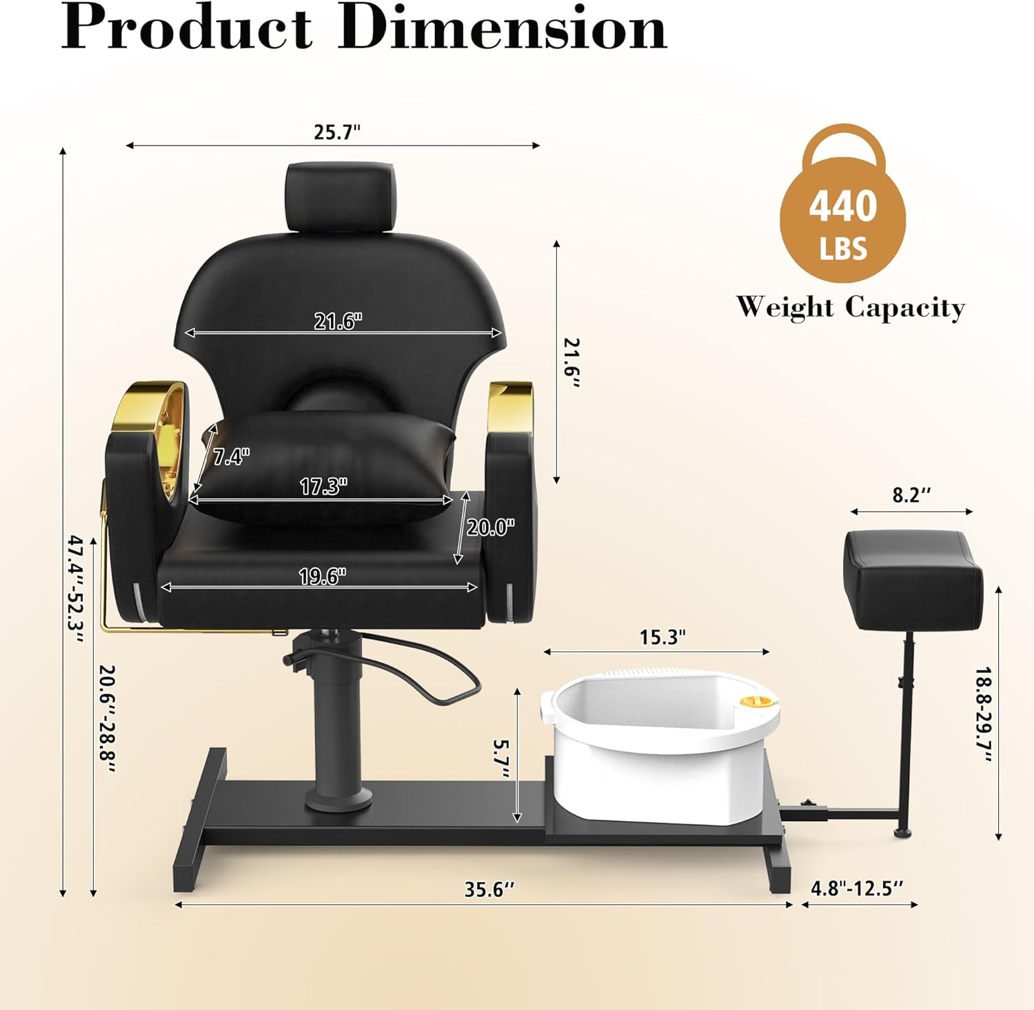 Pedicure Station No Plumbing, Hydraulic Pedicure Chair for Nail Tech, Height Adjustable Reclining Pedicure Station Unit, 360 Degree Swivel Foot Spa Chair with Massage Foot Bath (Black-Sliver)