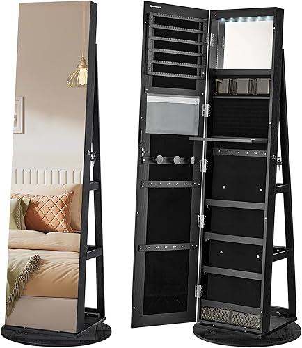 SONGMICS Armario de joyería de espejo con cerradura de 6 LED, organizador de joyas giratorio de 360, Armario de joyería de pie, espejo de cuerpo