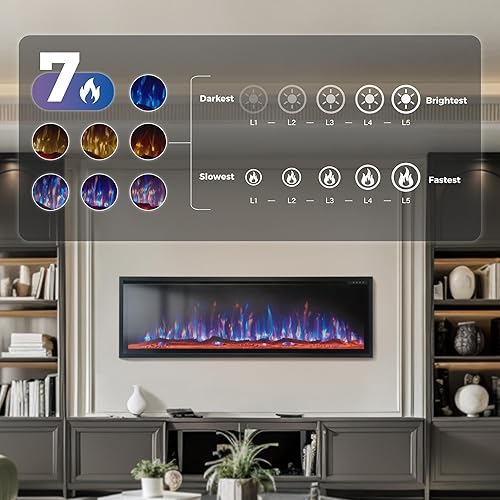 Miniatura 4 de MAISON ARTS Chimenea eléctrica de 60 pulgadas, calentador eléctrico empotrado y montado en la pared, marco ultra estrecho con control remoto,