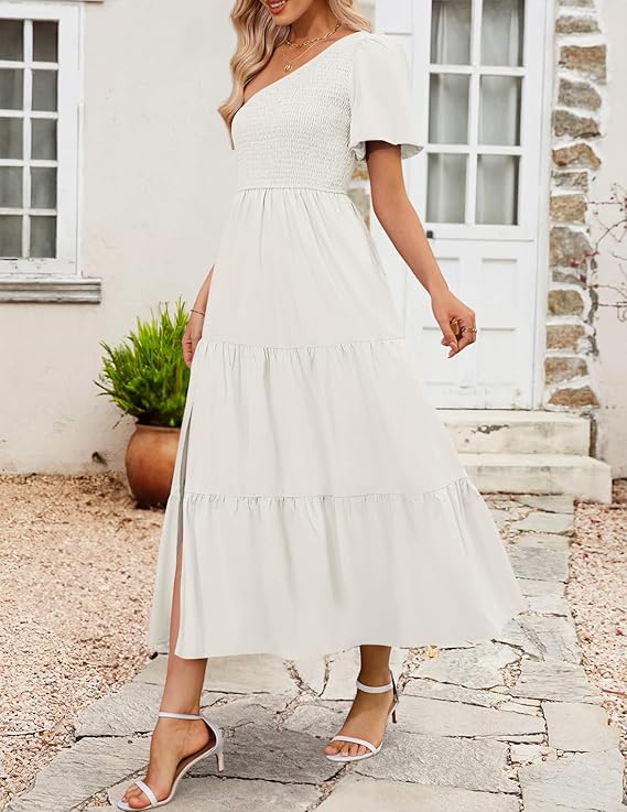 ZESICA Women's Boho One Shoulder Ruffle Swing Midi Dress