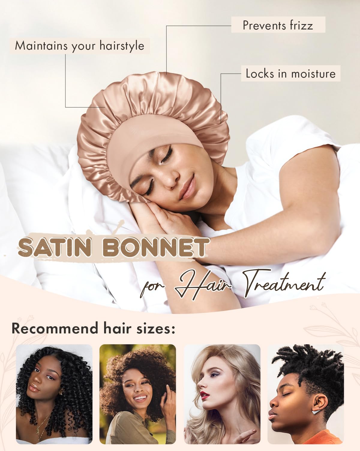 BONNET QUEEN Reversible Satin Bonnet for Sleeping Women, Adjustable Double Layer Silk Sleep Cap, Soft Night Hair Bonnet for Curly Hair Protection, Champagne & Gray Rose Gold - Image 3