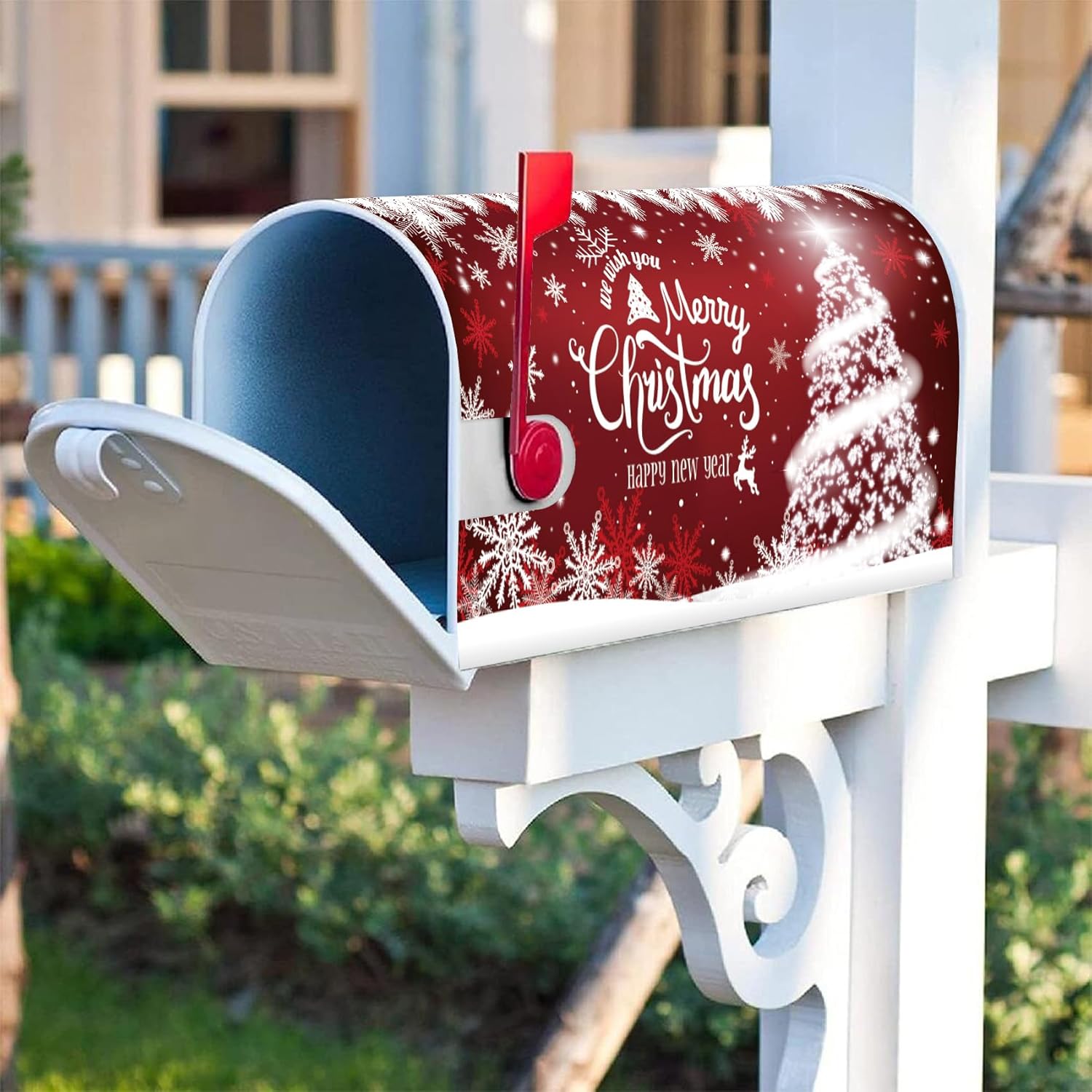 Texupday Merry Christmas Tree Happy New Year Mailbox Cover with Magnetic Strip Winter Holiday Snowflakes Mailbox Wraps Post Letter Box Cover Standard Size 21" X 18" for Garden Outdoor Yard Decor