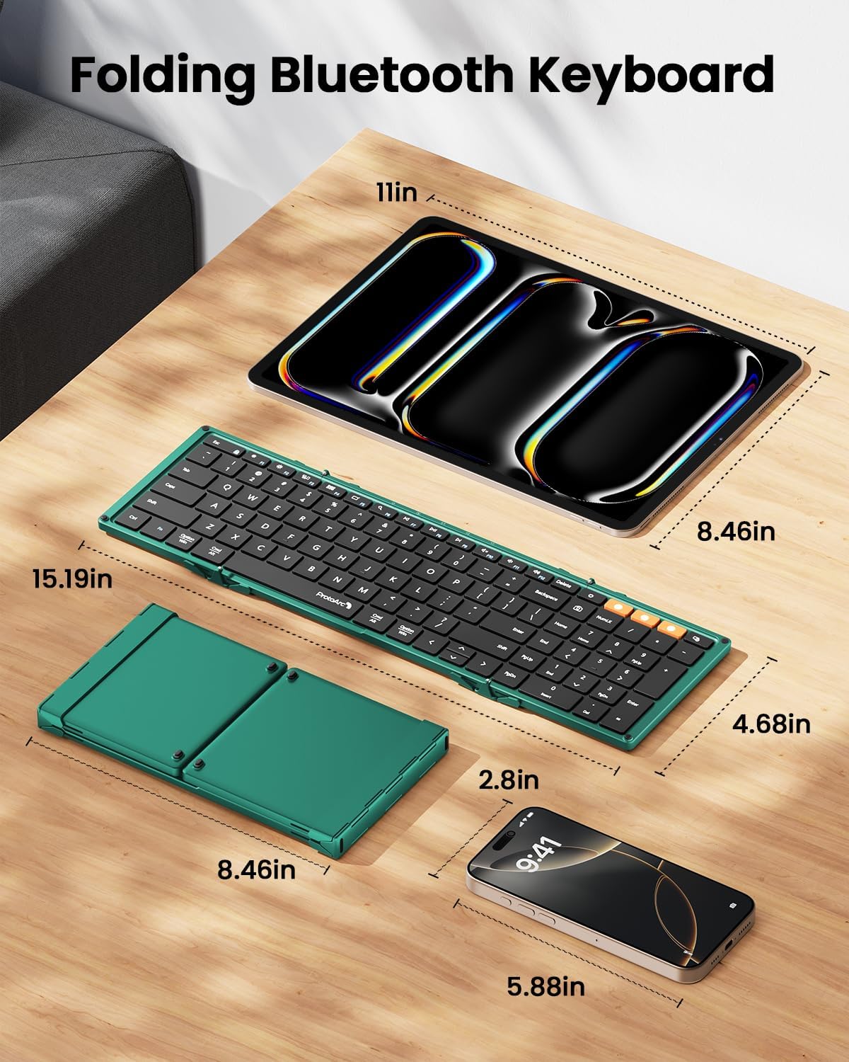 ProtoArc Foldable Bluetooth Keyboard, XK01 Full-Size Portable Wireless Keyboard for Travel, 105 Keys, 0.65" Keycaps, Multi-Device Sync for iPad Tablet Smartphone Laptop PC Windows iOS Android, Green - Image 4