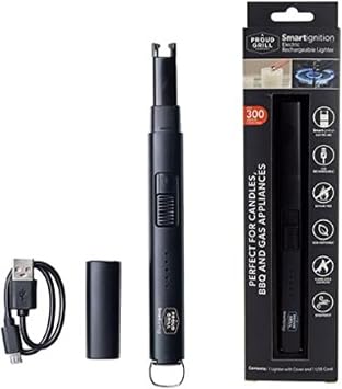 Proud Grill Smartignition Electric Rechargeable Lighter - Flameless Candle USB Arc, Windproof Long Lighters for Candles, BBQ Grill, Gas Stove Appliance, Camping, Electronic Plasma Torch - Matte Black