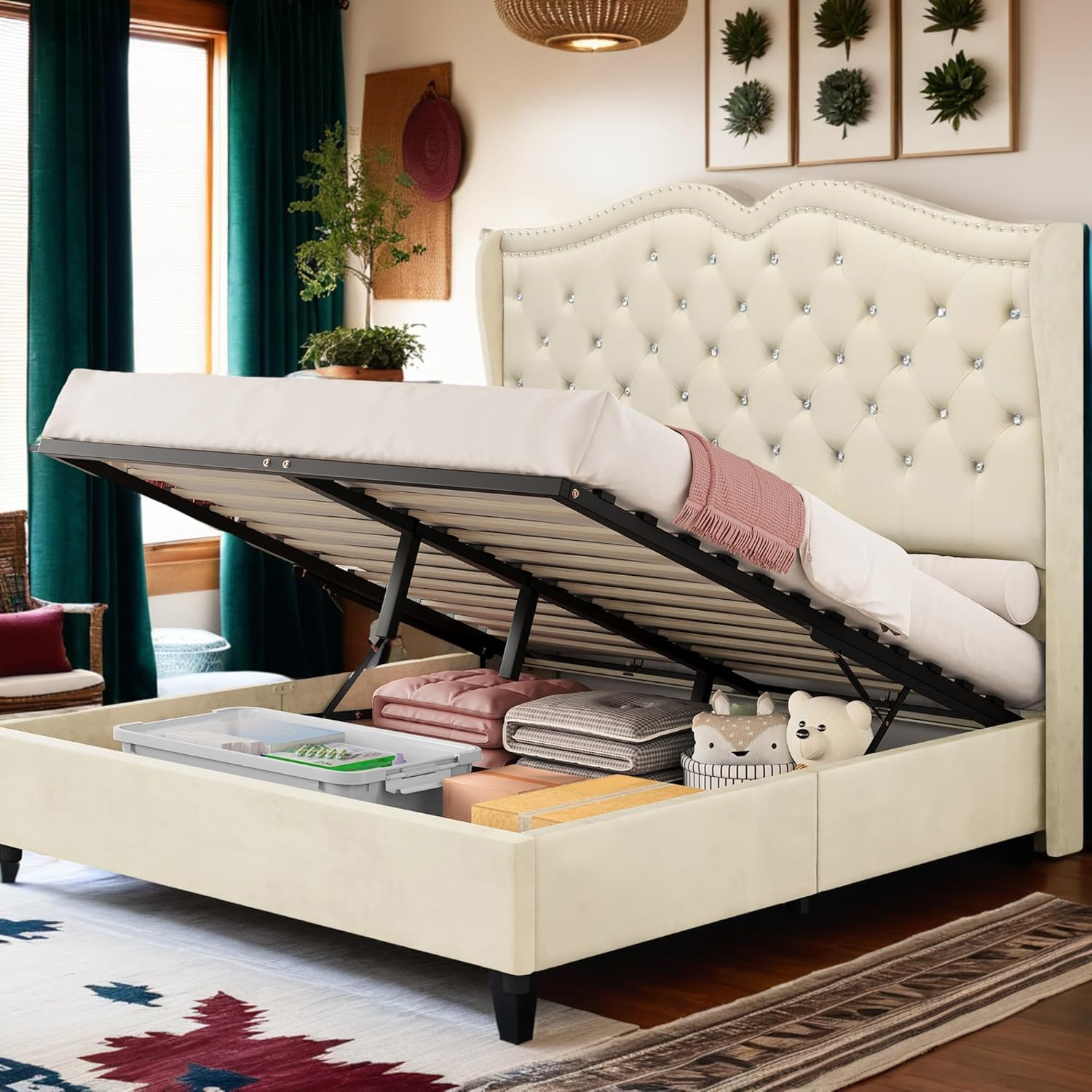 DWVO Queen Lift Up Storage Bed Frame with 51.6" Tall Headboard,Velvet Upholstered Platform Bed, Hydraulic Storage, No Box Spring Needed, Easy Assembly, Beige