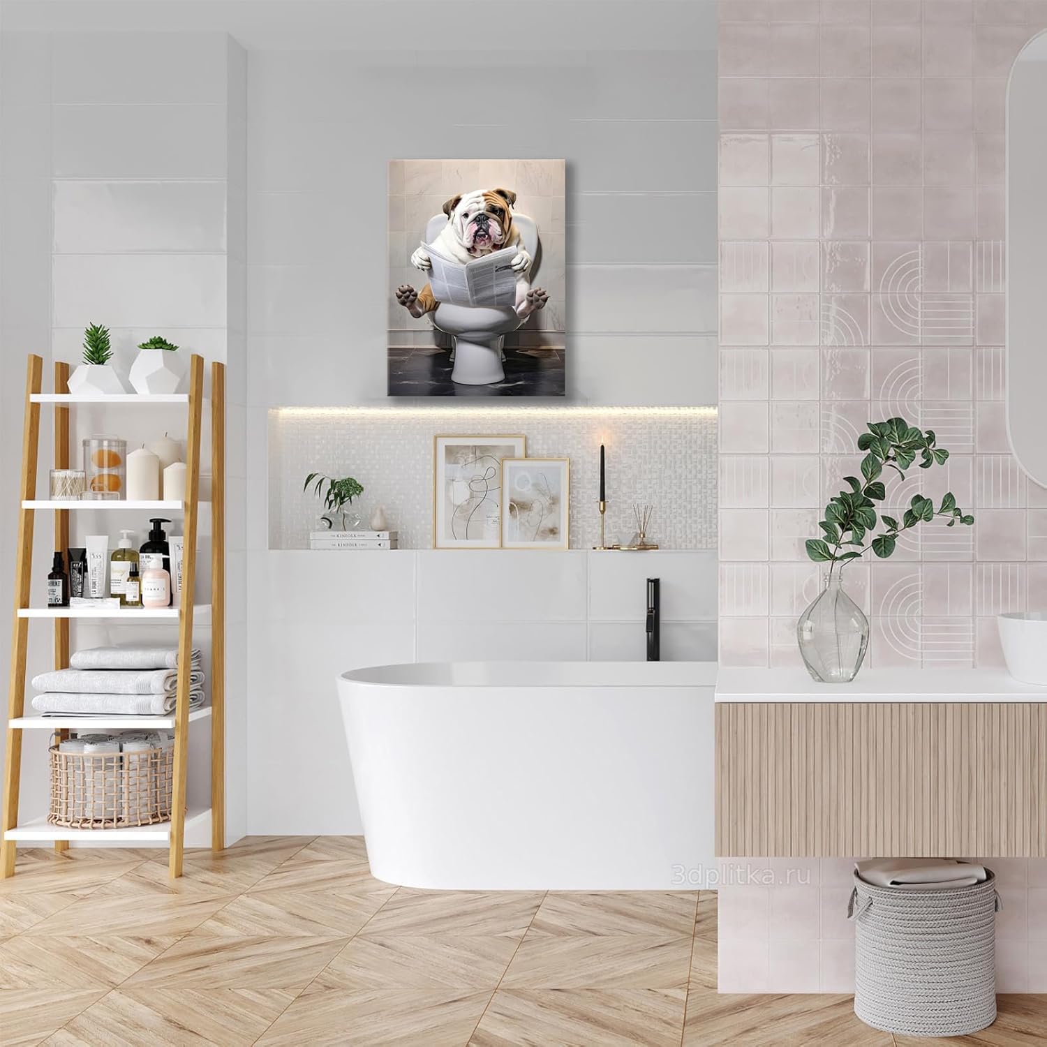 Funny Bulldog Toilet Canvas Art - Framed 16"X20" Home Bathroom Decor