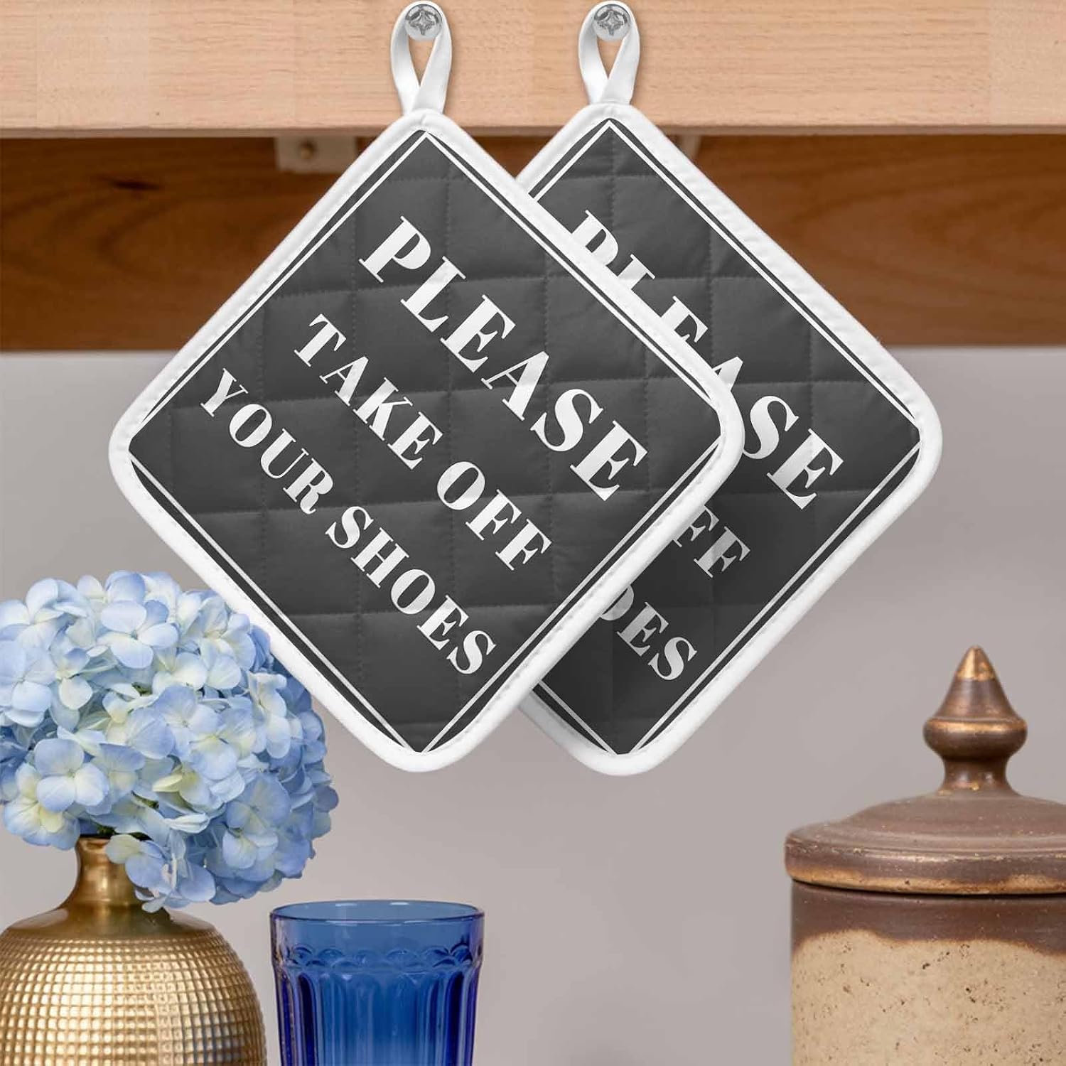 5 Pack Pot Holders for Kitchen, Gray Letter Hot Pads for Kitchen Countertops Oven Pot Holder Bulk, Modern Minimalist White Text Striped Heat Insulation Potholders with Hanging Loops