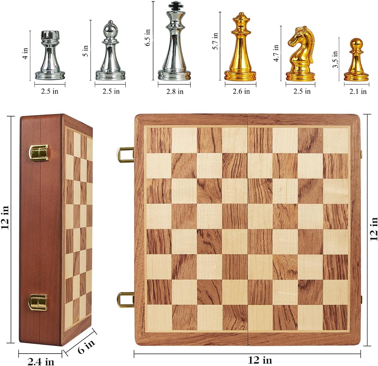 BIVOMON Metal Chess Set for Adults Kids, 12'' Folding Wooden Chess Board with Metal Chess Pieces, Handcrafted Portable Travel Chess Sets Game for Beginner, Professional (Weighted Non-Magnetic)