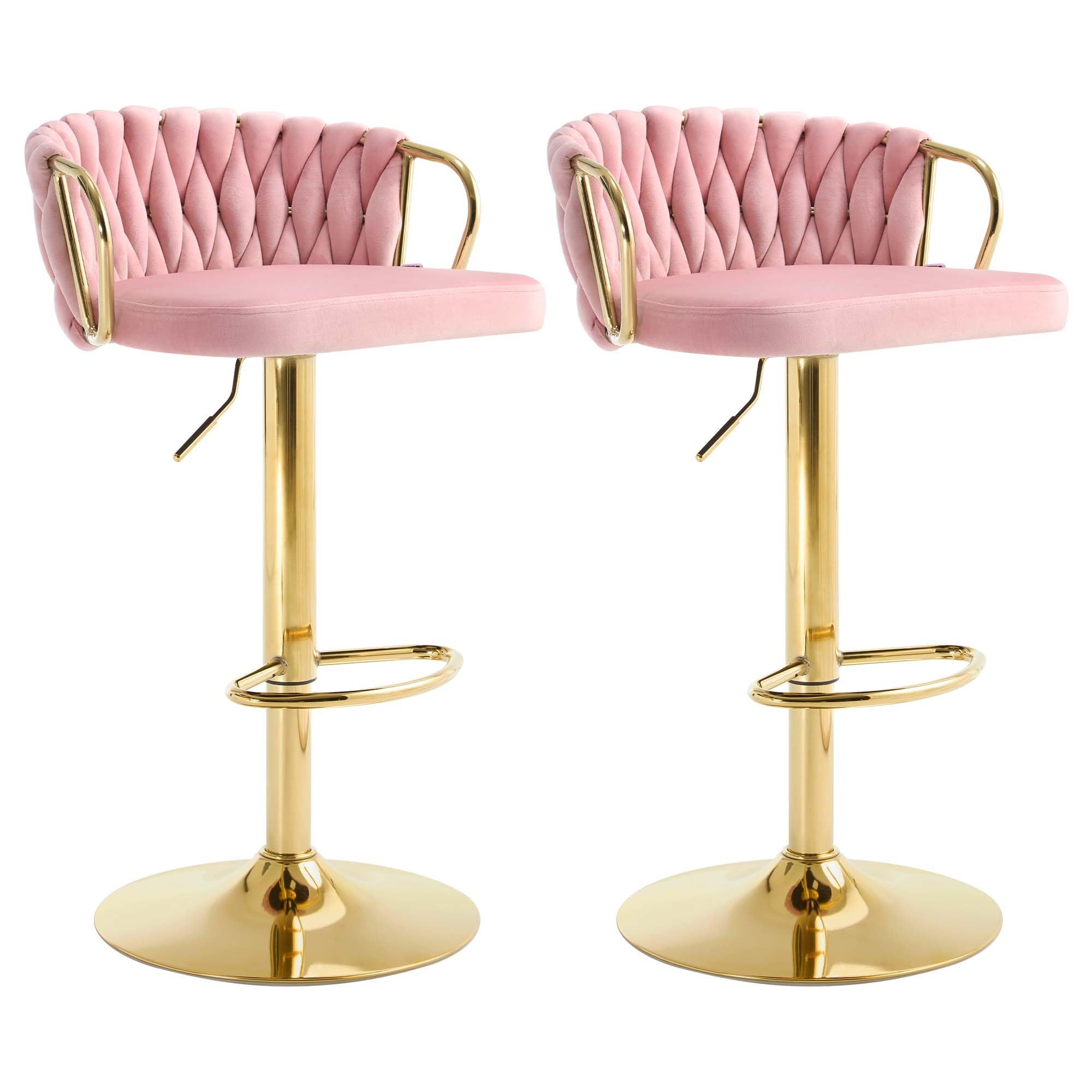 WOLTU Taburete de Bar Juego de 2, Taburete Alto de Cocinacon Respaldo y Reposapiés, Altura Ajustable, Base de Metal, Terciopelo, Rosa
