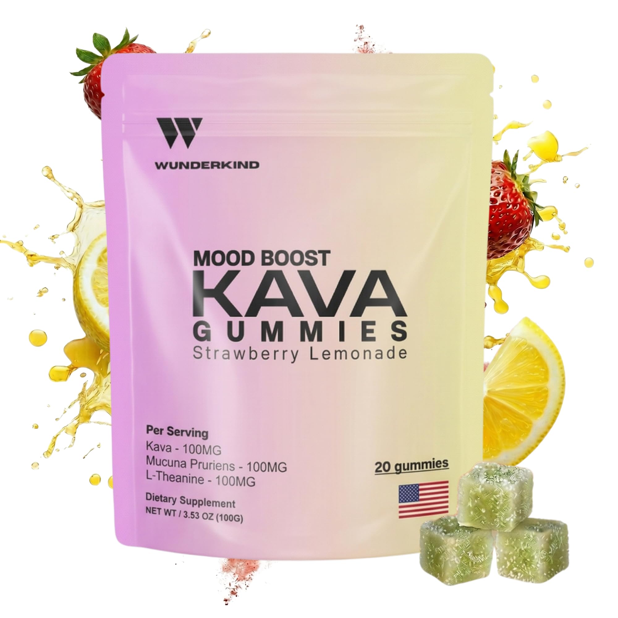 WUNDERKIND Kava Gummies Extra Strength — High Potency 70% Kavalactones | Noble Kava Root Extract | Vegan, Sugar-Free, No Gelatin | L-Theanine | Strawberry Lemonade