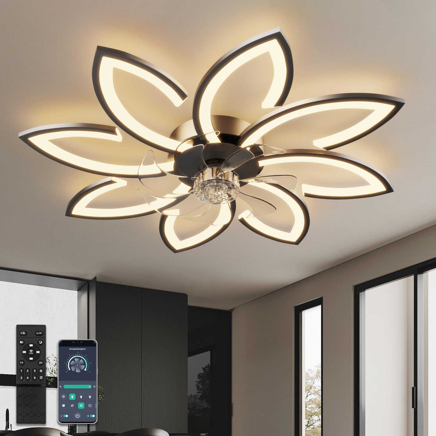 YUNLONG 35.4" Ceiling Fans with Lights and Remote Led Living Room Dimmable Ceiling Lights DC Motor Ceiling Fans with Lamps Reversible 6-Speed Lighting Fan Chandelier for Bedroom Lounge Hall,Black