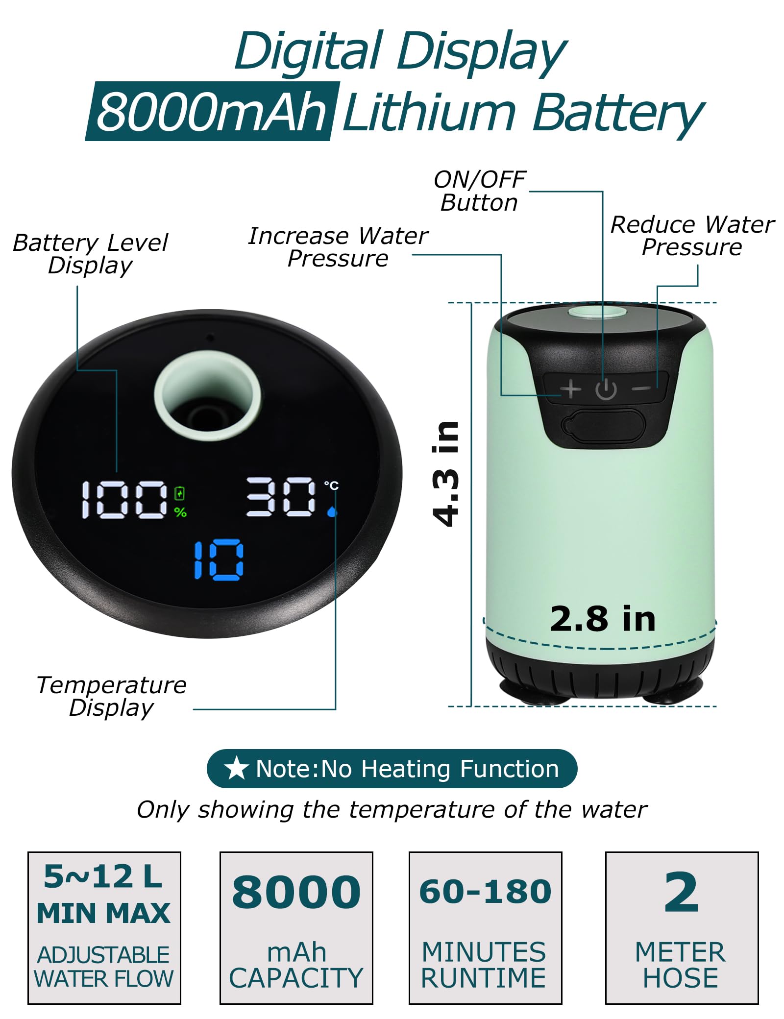 innhom Douche de camping portable, 6000 mAh rechargeable avec affichage LED, 2 modes de douche électrique portable pour camping, randonnée, voyage, lavage