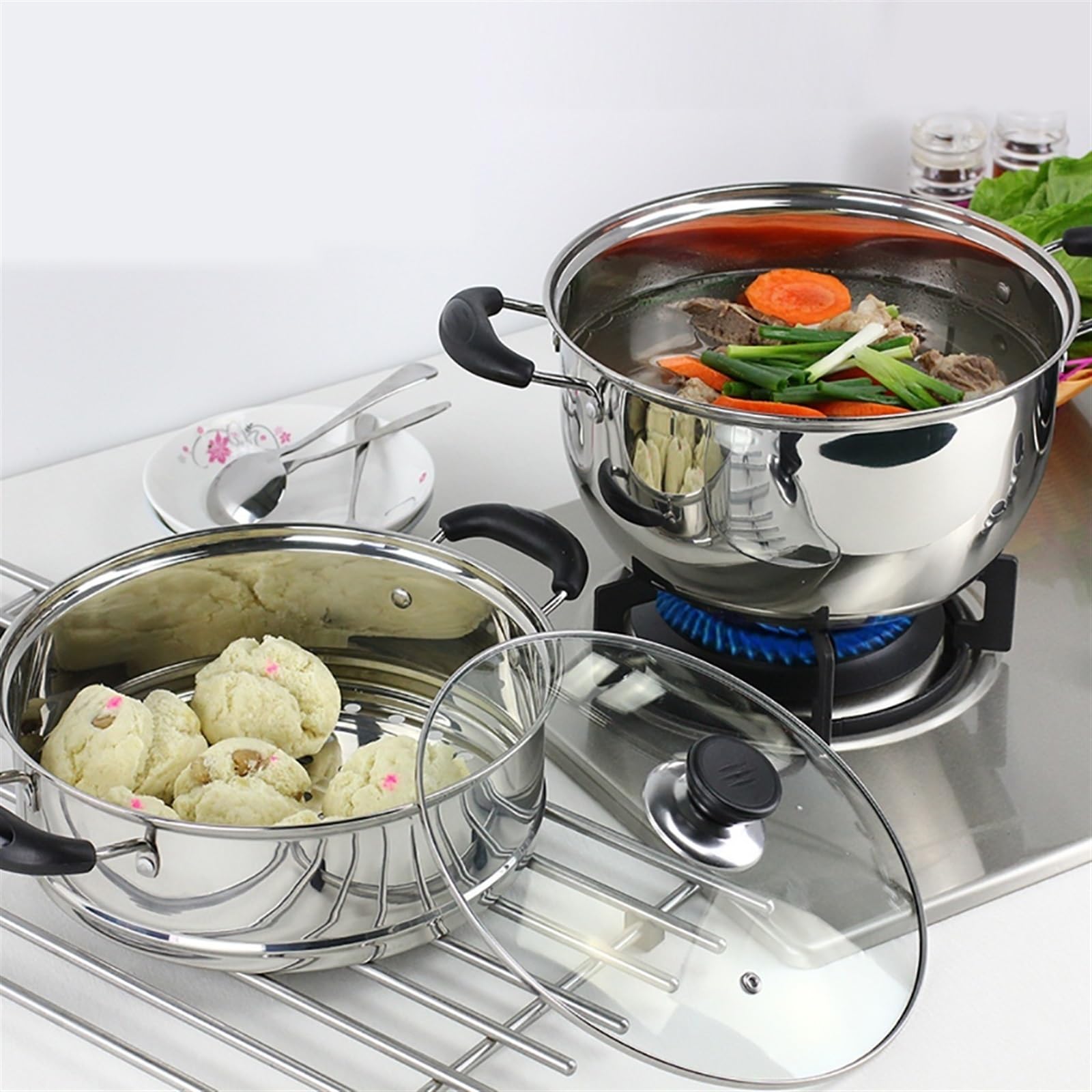 Olla vaporera/sopera de Acero Inoxidable de 2 Capas y Gran Capacidad para Uso doméstico con vaporera Gruesa, para Cocina de Gas/inducción.，One Color 22cm