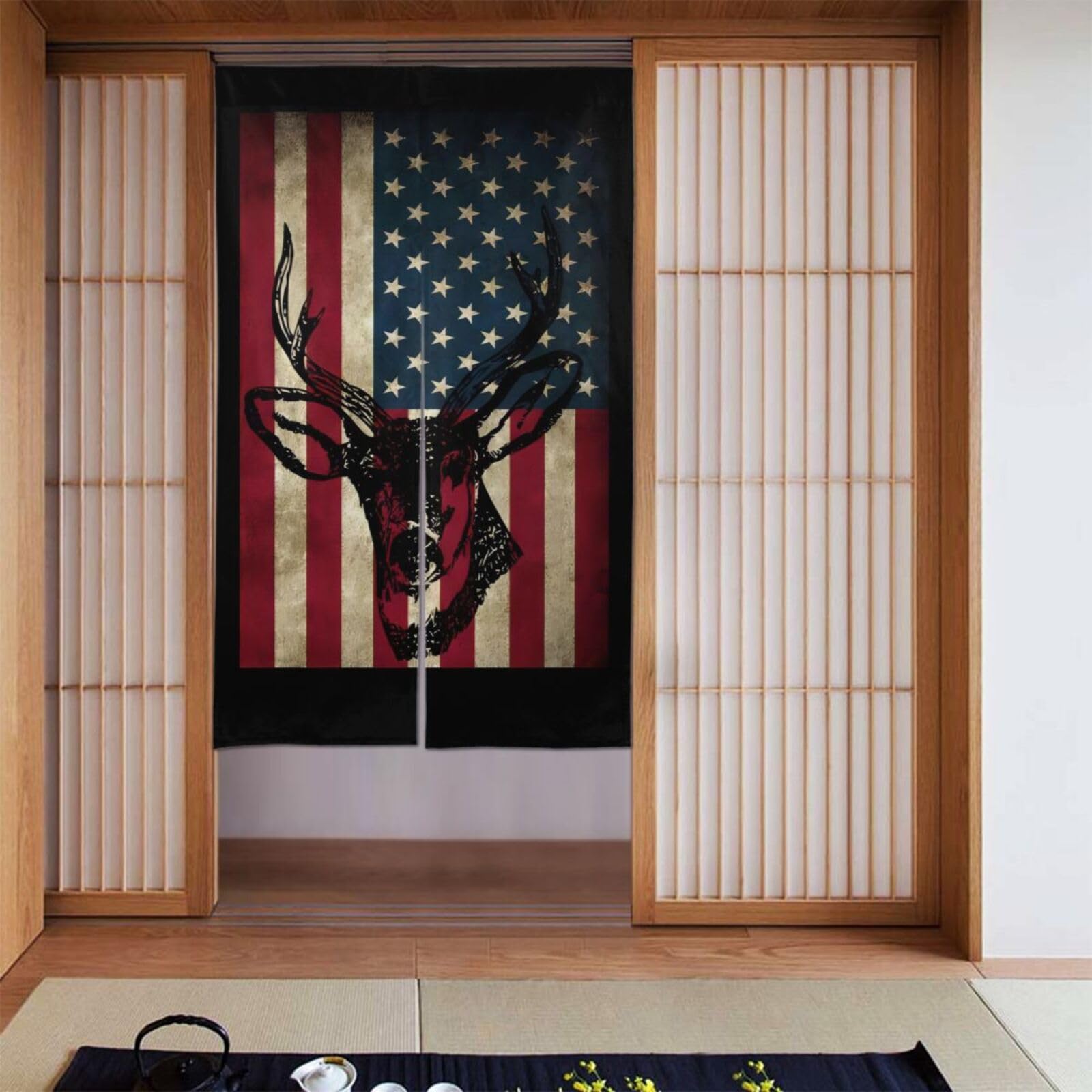 Lukiyys Vintage Deer Hunting American Flag Door Curtains,Doorways Curtains for Windows,Bedroom Divider 34"X 56"
