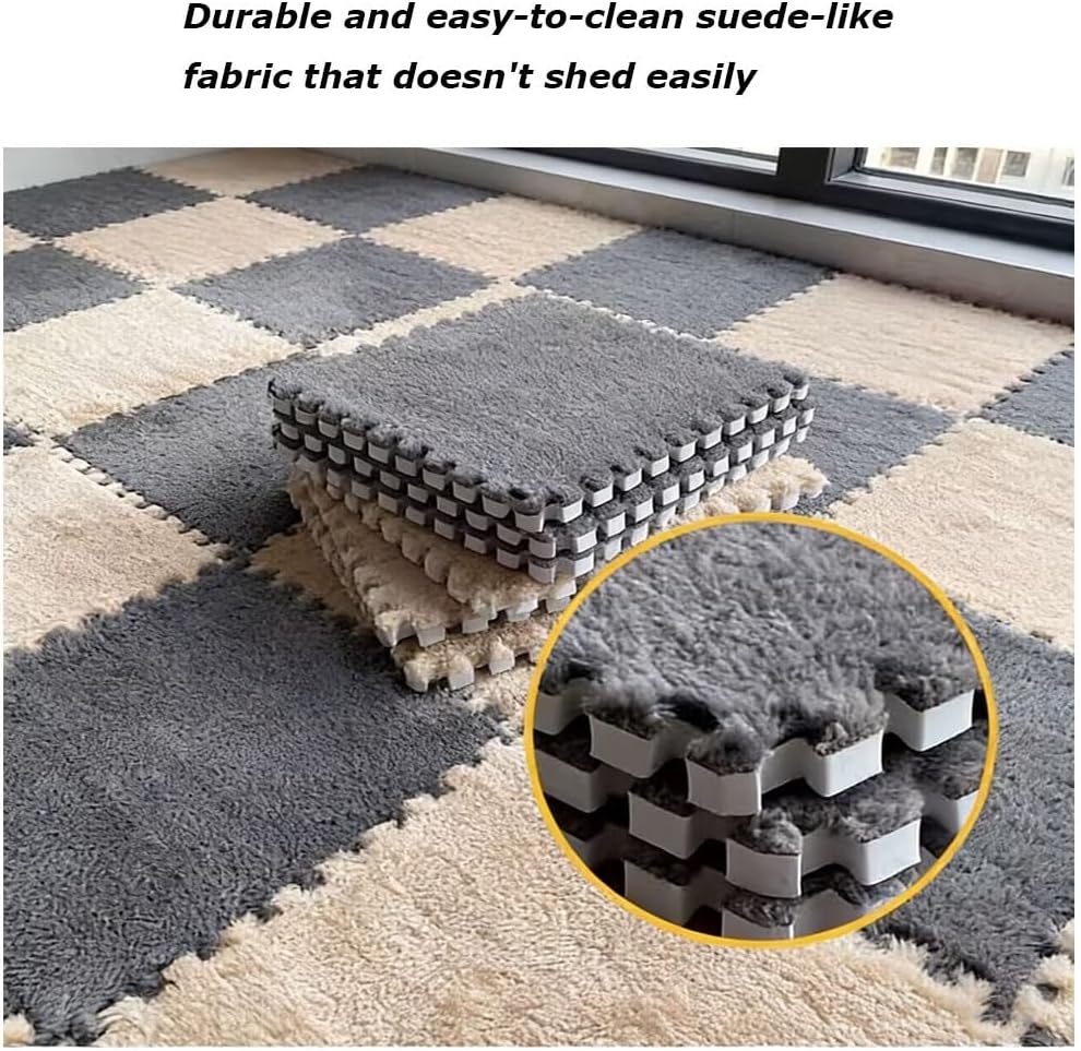 Soft Interlocking Carpet Tiles Washable EVA Foam Floor Mats Non-Slip Short Plush Puzzle Rug for Bedroom Living Room Coverage(Light Purple+White,15 pcs)