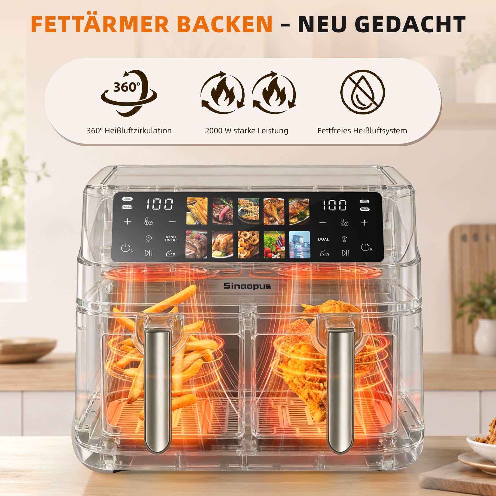 Air Fryer 9L 2000 W, Heißluftfritteuse 2 Kammern mit kühlem Griff | Digitaler Touchscreen, Sichtfenster, Sync Finish, Dual Cook, abnehmbare Trennwand, XXL, 903A