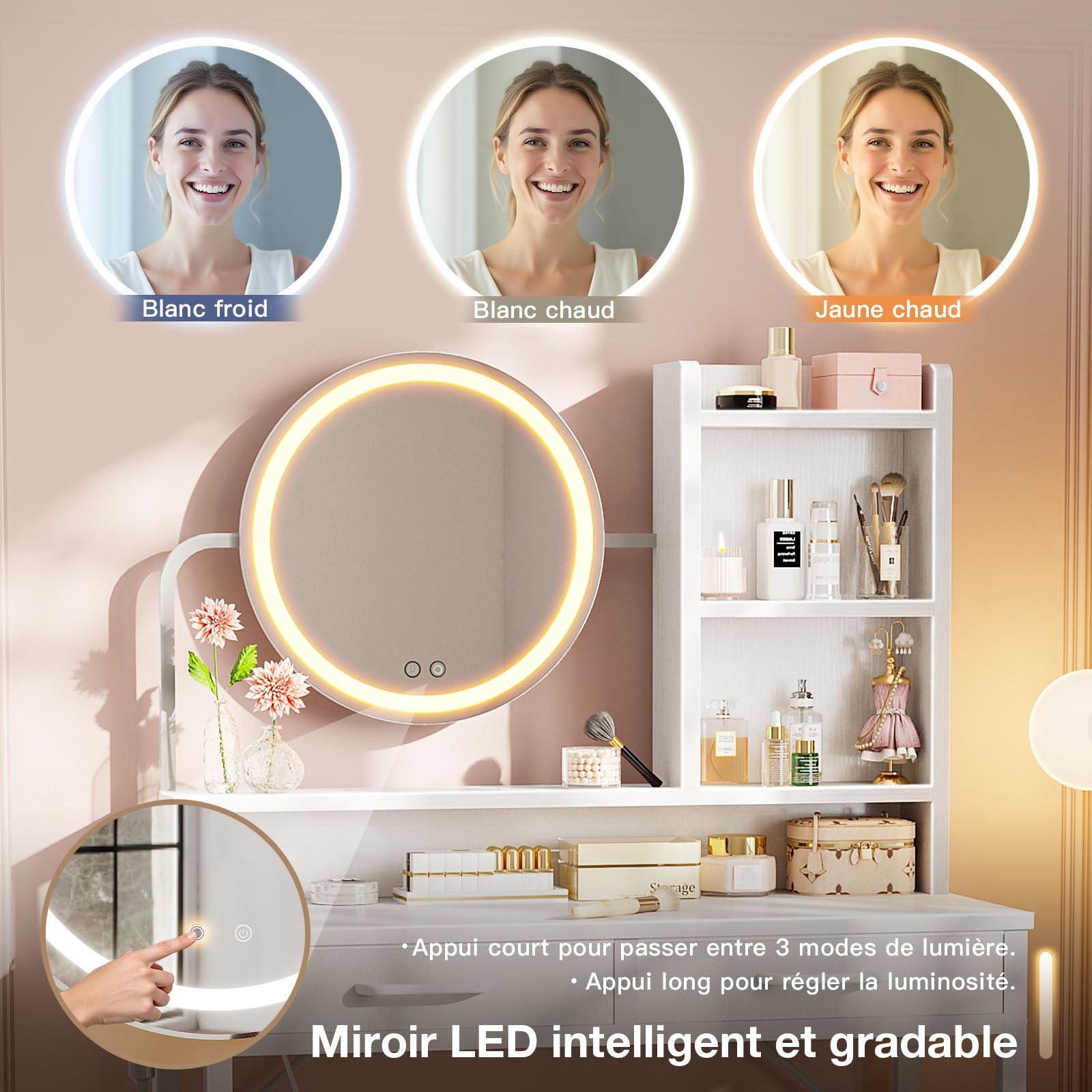 ODK Bureau Coiffeuse avec Miroir LED, avec Miroir Réglable en Hauteur pour 120-180 cm, 2 Tiroirs en Tissu et 4 Compartiments Ouverts, 80×40×136cm Coiffeuse Blanche