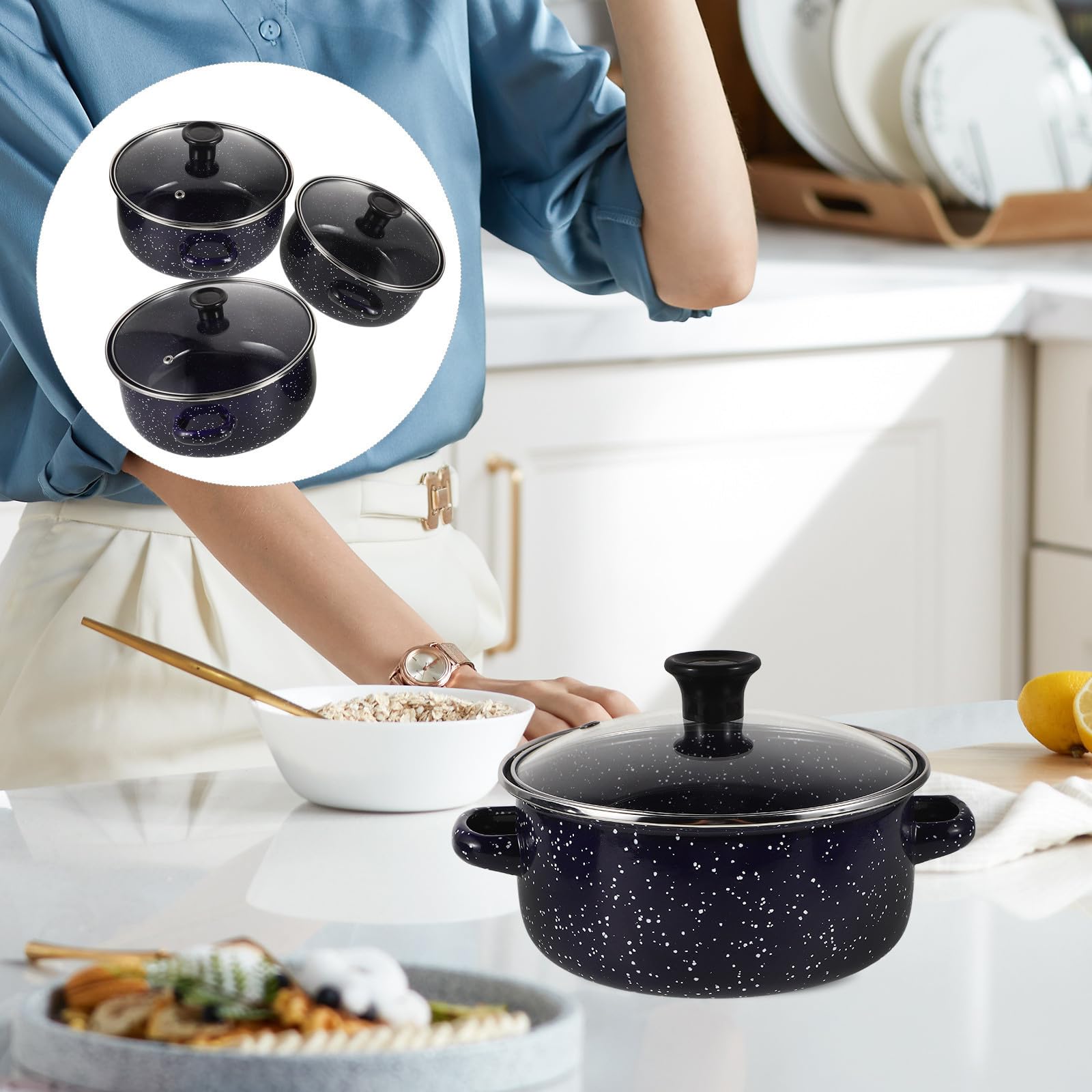 ibasenice Kleiner zum Kochen von Instant Nudeln und Flachem Boden Emaillierter Kochtopf 3 Stück mit Doppelgriff und Milch