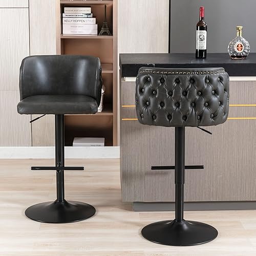 Miniatura 2 de Juego de 2 taburetes de bar de cuero, taburetes de bar giratorios tapizados de poliuretano, modernos taburetes altos ajustables con respaldo, sillas