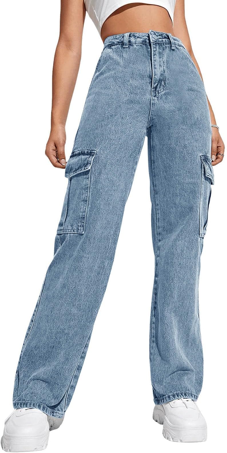 Girls Jeans Denim Elastic High Waisted Wide Leg Baggy Cargo Pants with Pockets 5-14 Years
