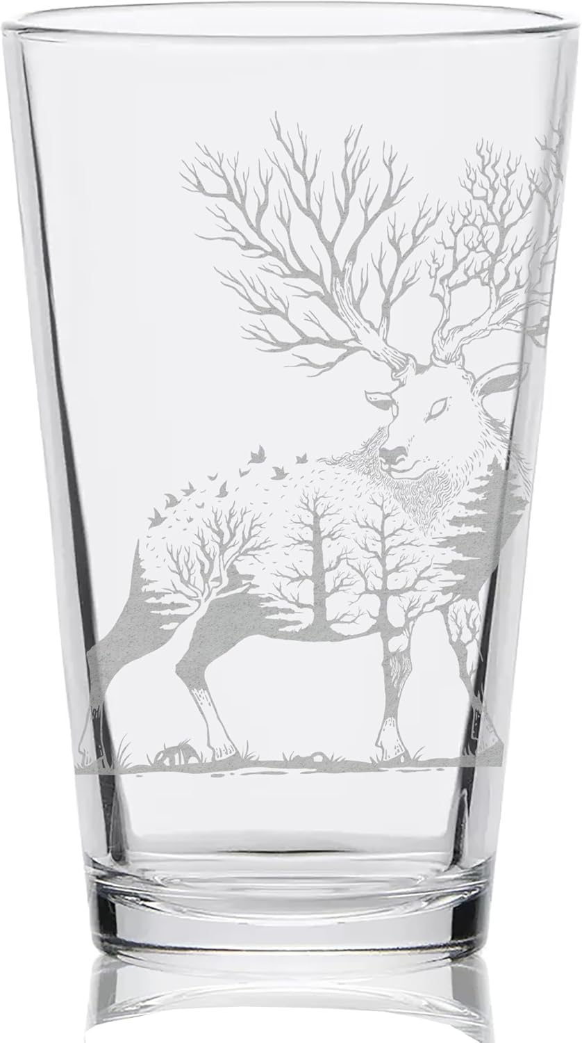 ELK - DOUBLE EXPOSURE Engraved Pint Beer Glass | Nature Wilderness Animal Forest | Great Gift Idea!