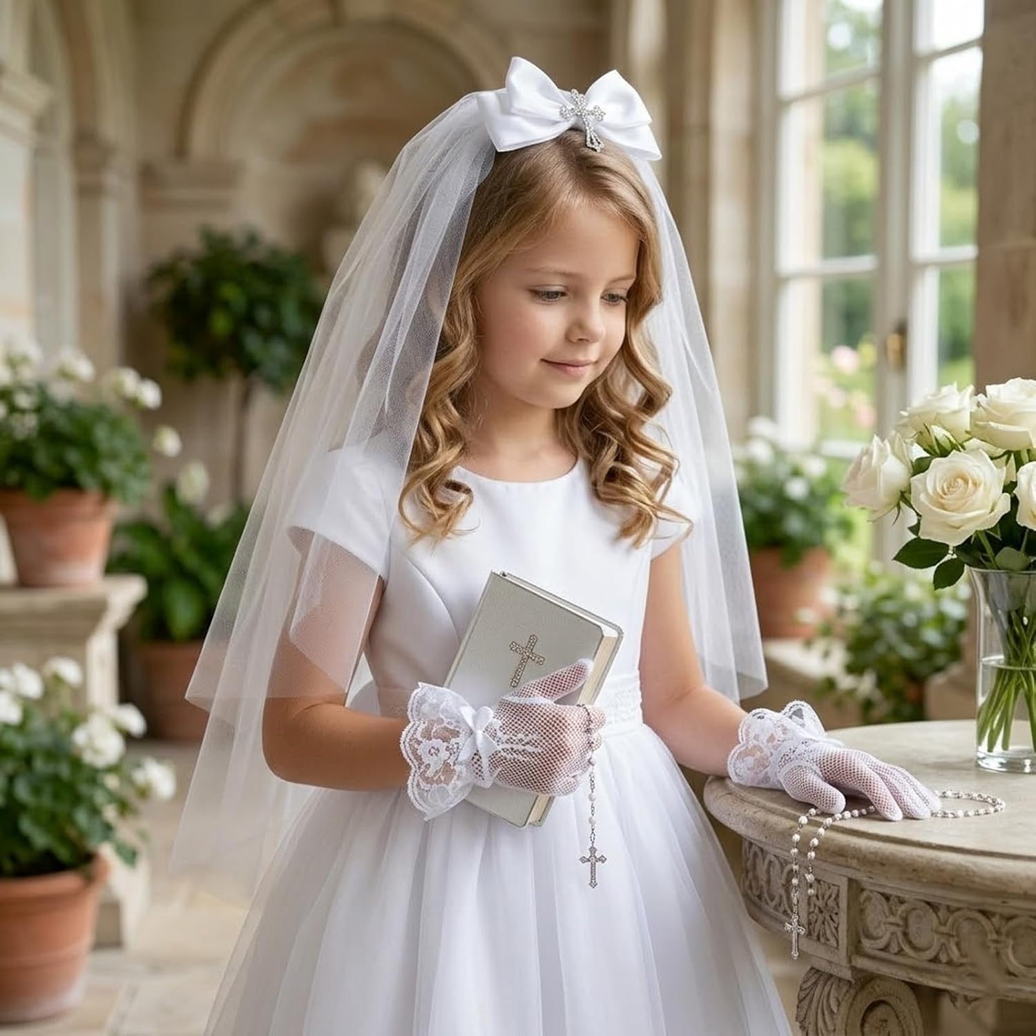 First Communion Veil for Girls with White Lace Gloves Set, Catholic Veil with Bow & Cross for First Communion Dress