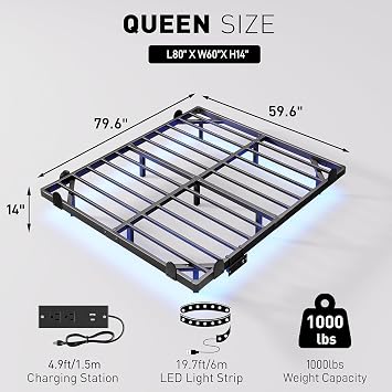 qimamo Floating Queen Bed Frame, 14 Inch Metal Platform Bed with Smart LED Lights & Charging Station, Easy Assembly, No Box Spring Needed