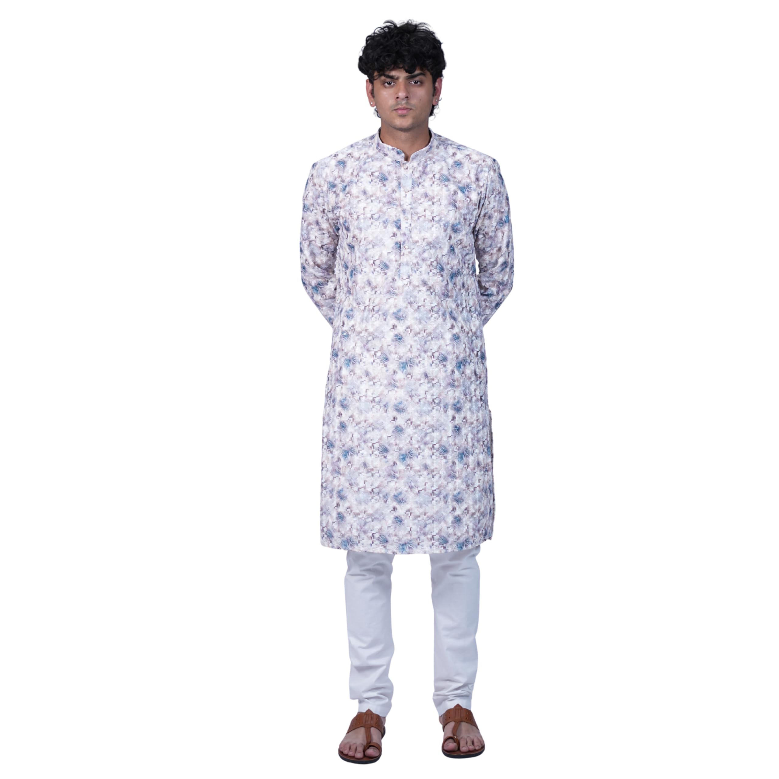 mridang Men's Chikankari Kurta with Churidar Pyjama Set | Straight Kurta with Chiken Sequence Embroidery | White Cotton Churidar Pyjama | Ethnic Wear for Wedding Festival Pooja-picture-11