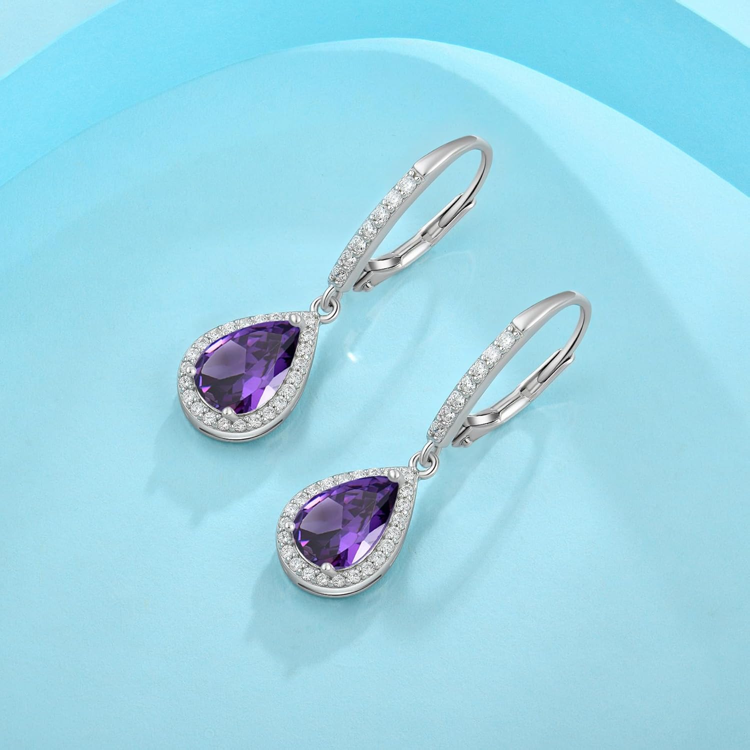 FJ Teardrop Dangle Drop Earrings 925 Sterling Silver Halo Leverback Earrings Birthstone Jewelry Gifts for Women - Image 5