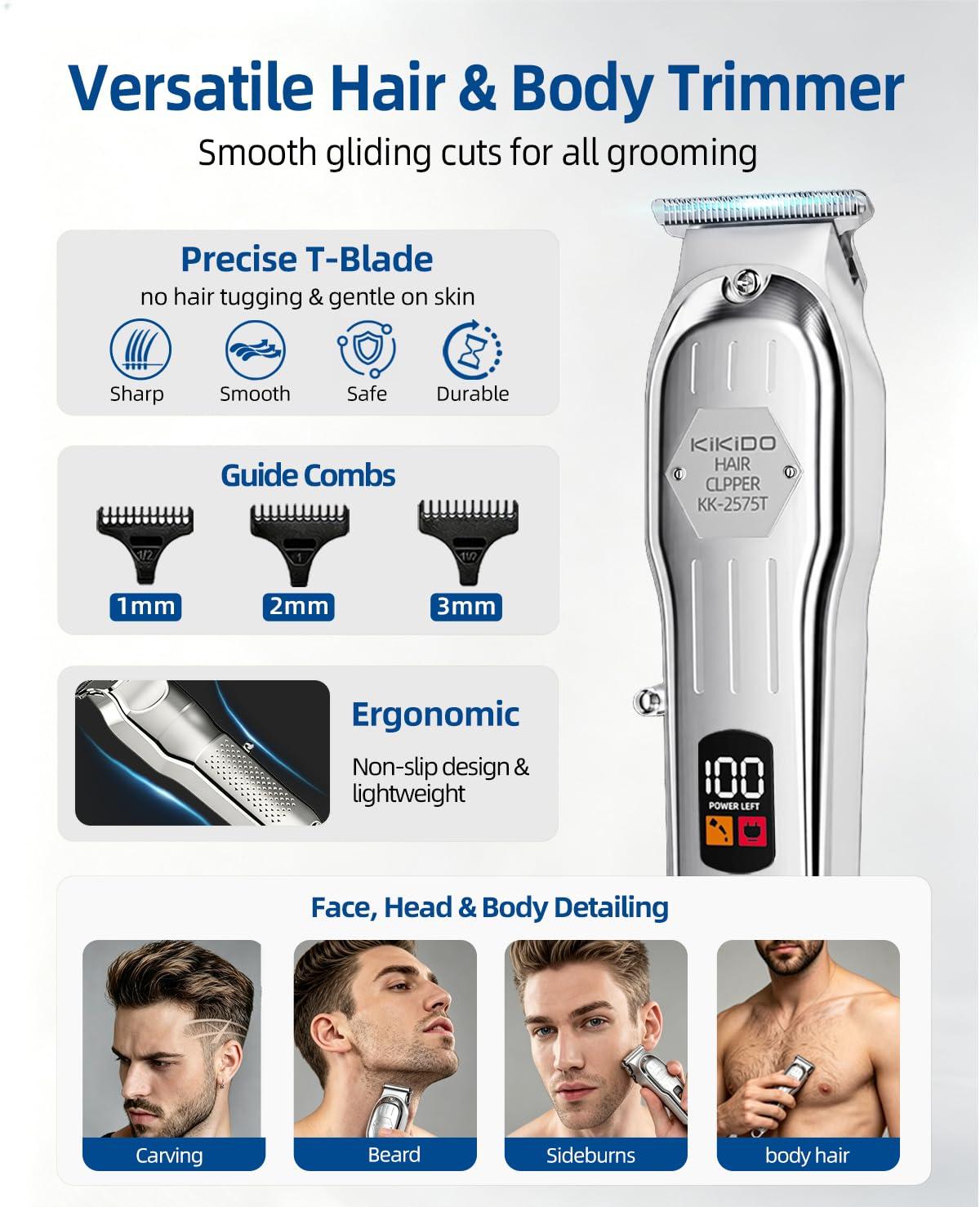 KIKIDO Cortapelos profesional inalámbrico para hombres, kit de corte de pelo con pantalla LCD inalámbrica, máquina de corte de pelo recargable para la familia (plateado)