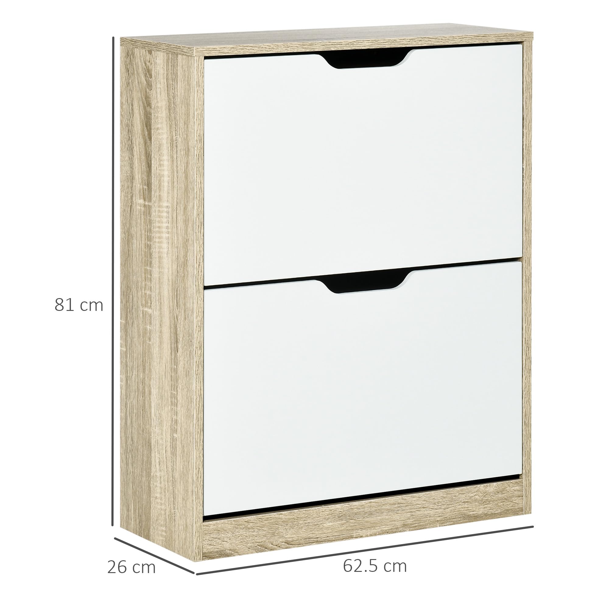 HOMCOM Scarpiera Salvaspazio Slim con 2 Ante a Ribalta, Scarpiera Ingresso con Ripiani Regolabili, Porta Scarpe per 8 Paia con Maniglia a Incavo, 62.5x26x81 cm, Color Legno e Bianco