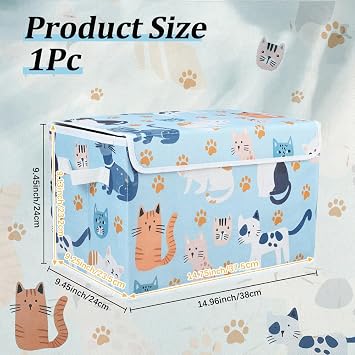 Cat Themed Storage Box Collapsible Fabric Storage Bins Decorative Cute Cats Print Blue Organizer Cubes with Lids and Carrying Handle Rectangle Folding Containers for Bedroom Closet Shelves