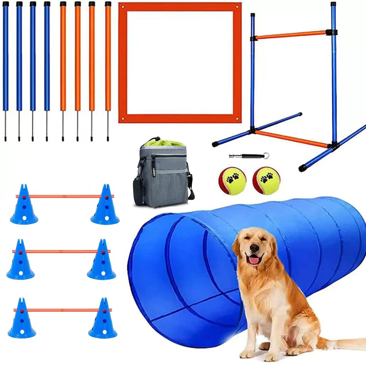 Agility Perros,Equipo De Entrenamiento De Agilidad, Equipado Con Túnel Para Perros, Vallas, 8 Postes De Slalom,2 Juguetes De Pelota De Tenis, Caja De Descanso, Postes De Marcación, 3 Barras Cortas