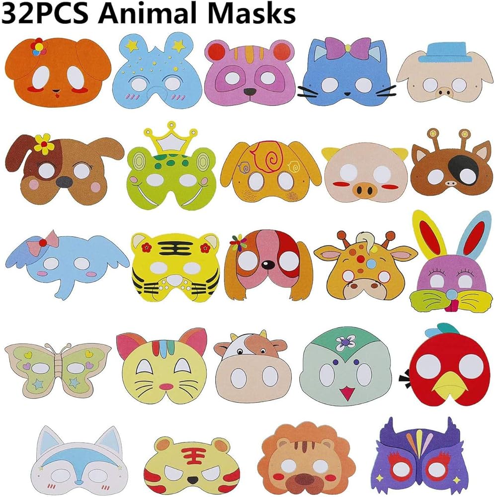 Zuzer Masque Animaux Enfant,32PCS Masques D'animaux Masques à Colorier Masque D'Halloween De Fête D'anniversaire De Thème De Zoo Habiller Des Accessoires De Fête(avec 24 Stylo Et 32 Corde