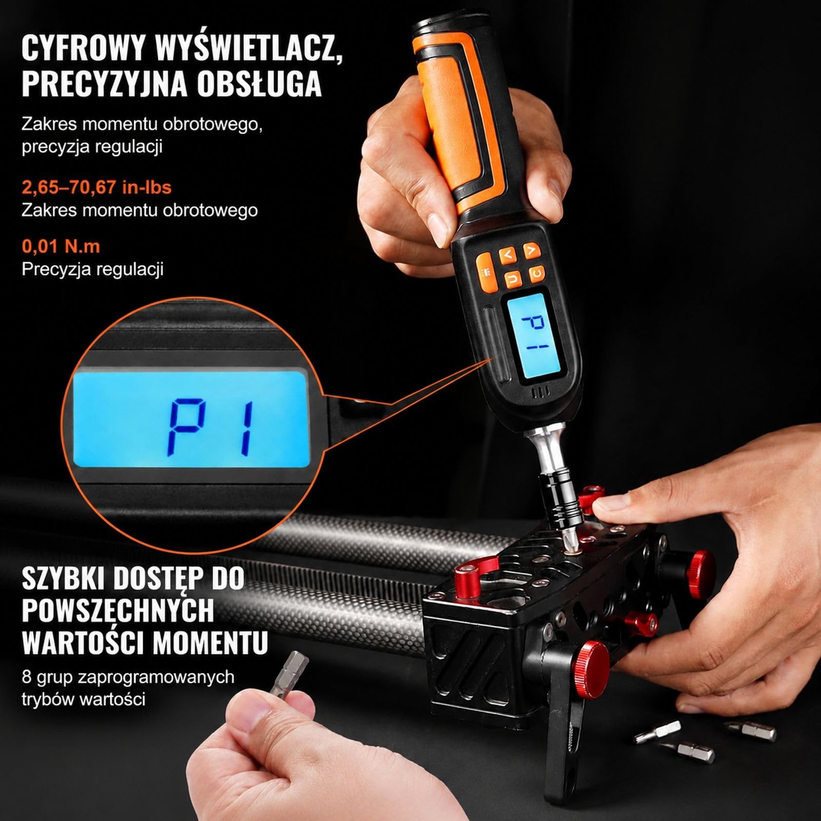 Zestaw cyfrowego wkrętaka dynamometrycznego, napęd 1/4 cala, zakres 0,3-8 Nm, ekran LCD, pręt przedłużający, szybkie zwalnianie i bity do montażu