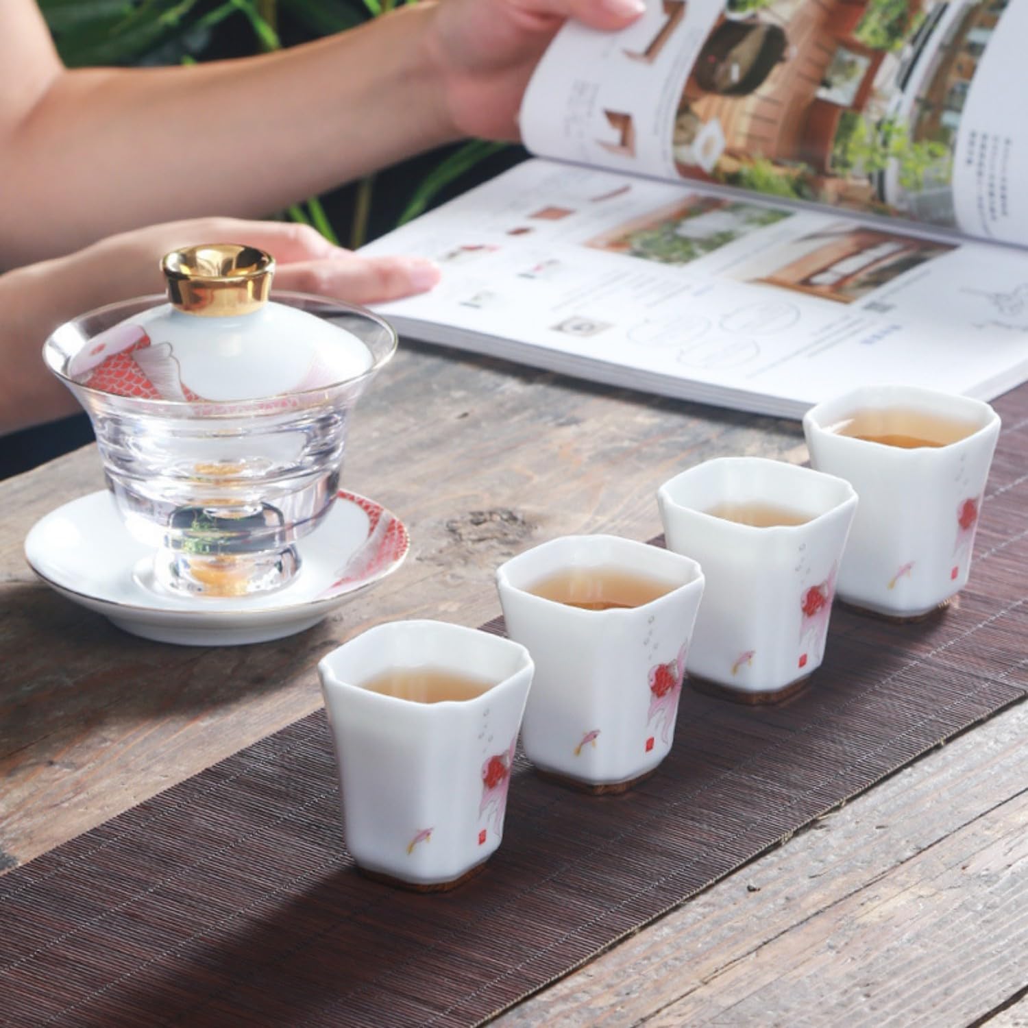 三才玻璃盖碗耐热陶瓷茶杯家用透明泡茶 Ceramic Kung Fu Tea Set,teapot,Teacups,warming Wedding Birthday Gift,Tea Tray Chinese,Dishwasher Safe 富贵有鱼套组-标准