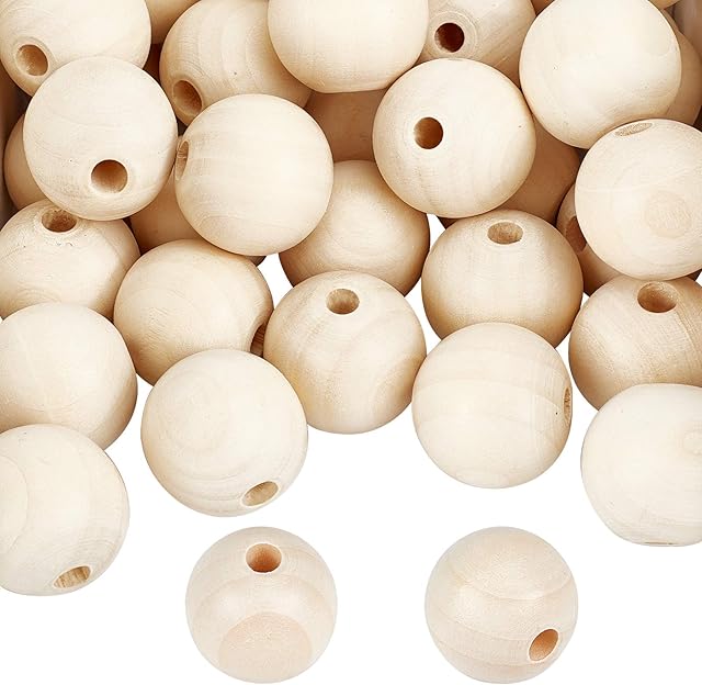 PandaHall Natural Wood Beads, 50 pcs 30mm Round Unfinished Wooden Ball Spacer Loose Beads for Macrame Garland Farmhouse Decor Bracelet Necklace Jewellery DIY Craft Making