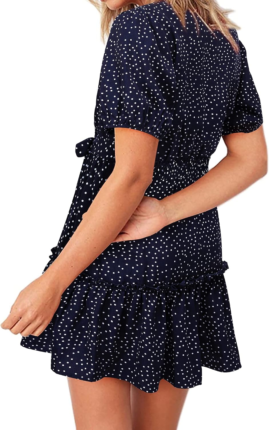 OUGES Women Short Sleeve Wrap Waist V Neck Dress Polka Dot Ruffles Floral Casual Swing Sundress