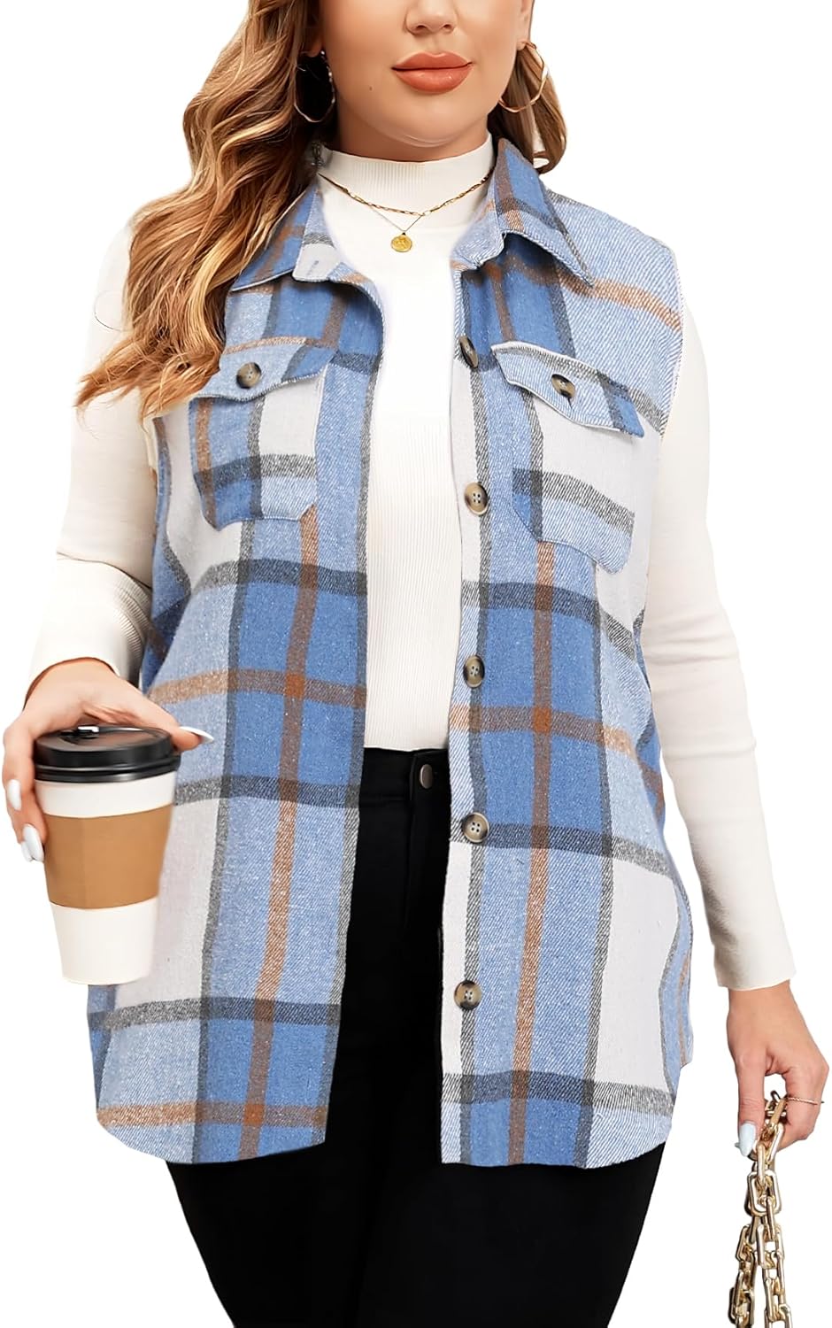 CYCLAMEN Plus Size Women's Flannel Plaid Long Vest Button Down Sleeveless Jacket Shacket