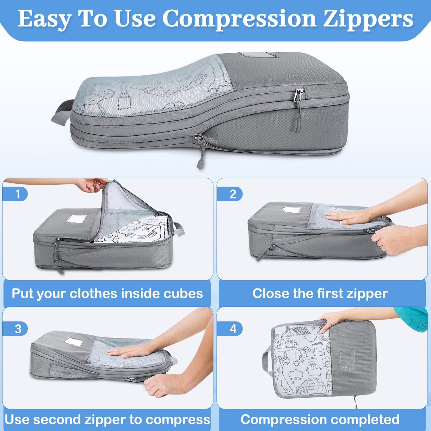 NUBILY Organizer Valigia Poliestere Organizer Viaggio Salvaspazio Organizer per Valigie Organizer Valigia Compressione Packing Cubes Set di 6 Cubi da Viaggio Organizer Valigie Viaggio Grigio
