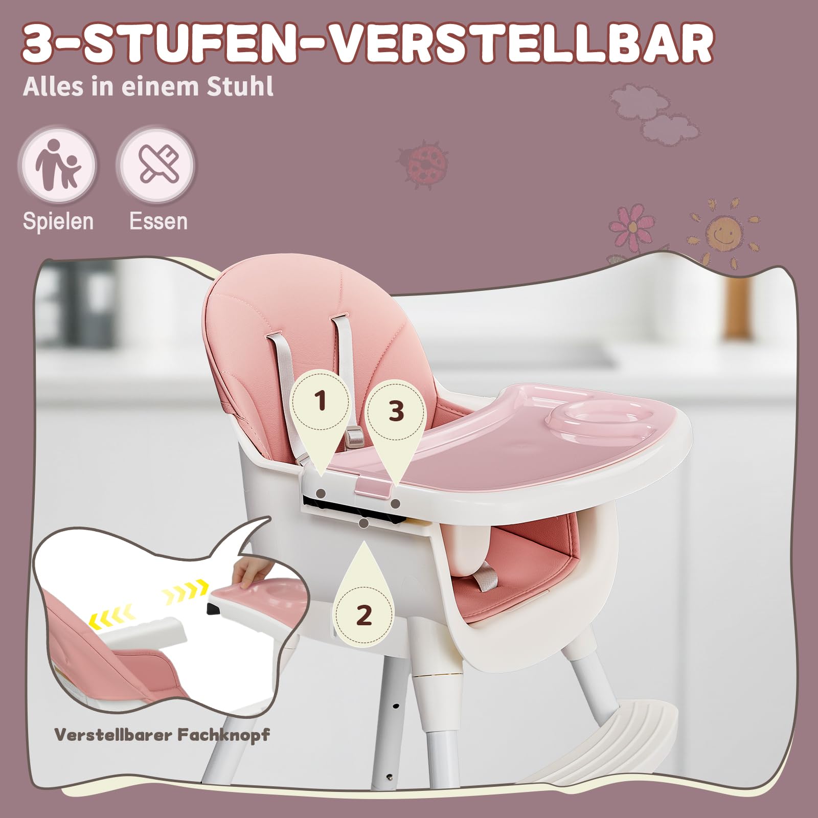 LEADZM 3 in 1 Babyhochstuhl, Verstellbar zum niedrigen Kinderhocker, Abnehmbares Doppeltablett, Mit 5-Punkt-Sicherheitsgurt, Maximale Belastung 15 kg, Geeignet für Babys von 6 bis 36 Monaten (Rosa)