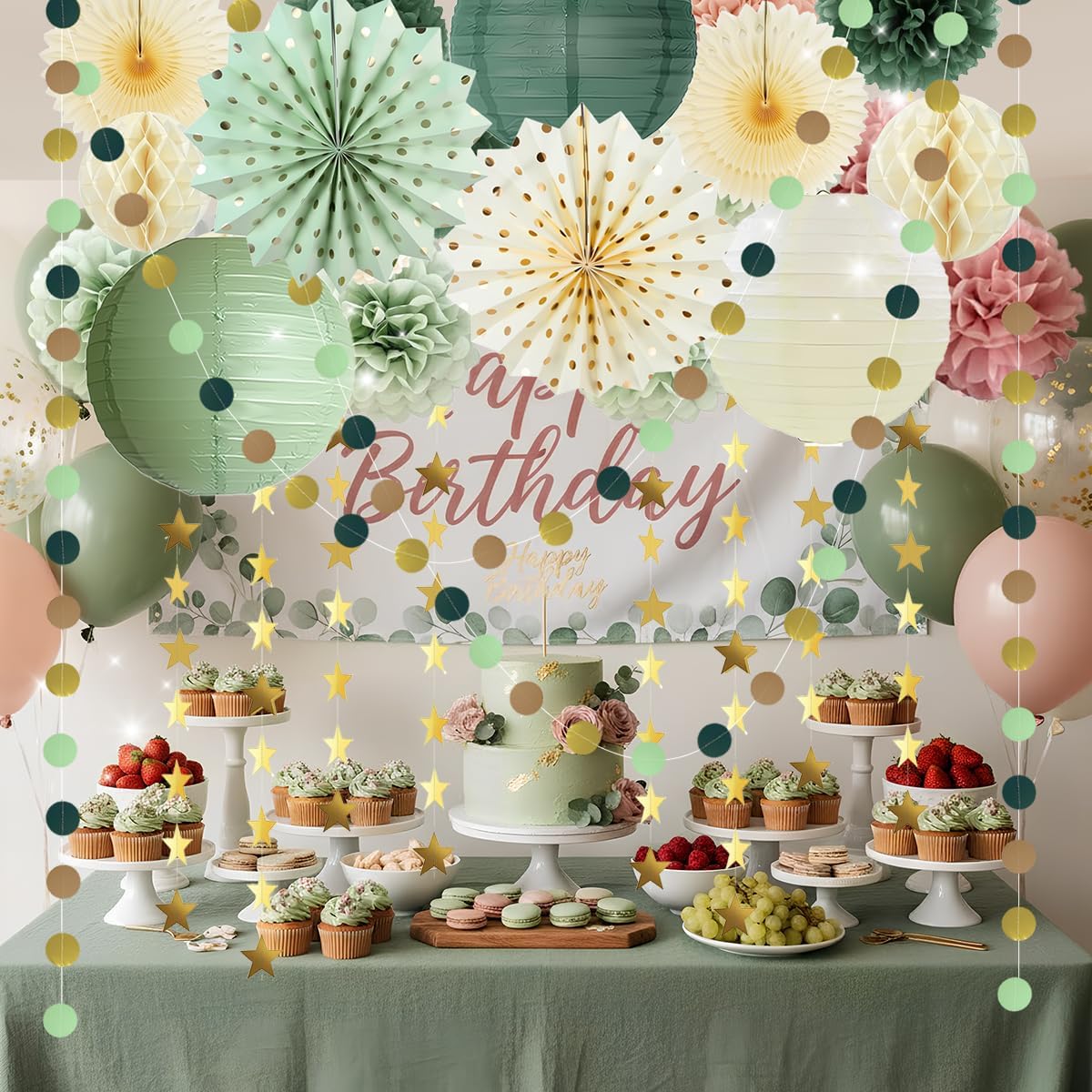 Boho Paper Decorations Set, Sage Green Dusty Pink Party Decorations Set, Boho Baby Shower Decoration Paper Pom Poms Lanterns Honeycomb Balls Hanging Star Garland for Birthday Baby Shower Wedding Party - Image 6